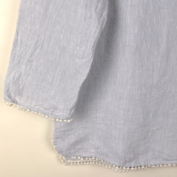 Zara Prairie Cottagecore Linen Crocheted Lace Trim Long Sleeve Blue Top Blouse M - Picture 3 of 14